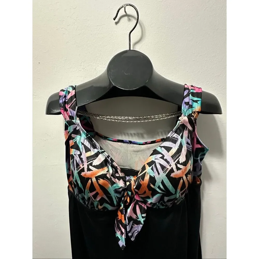 Longitude Size 22 Black Abstract Tie Front Skirted One Piece Swimsuit